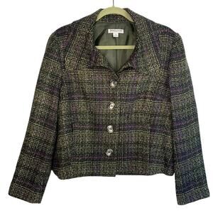 PENDLETON Plaid Blazer Women 14 Petite Black Green Lined Tweed Button Jacket EUC